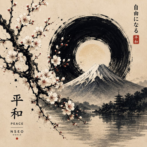 Canvas Tote Bag — Zen Mountain & Cherry Blossom Art with Enso Circle (Peace)